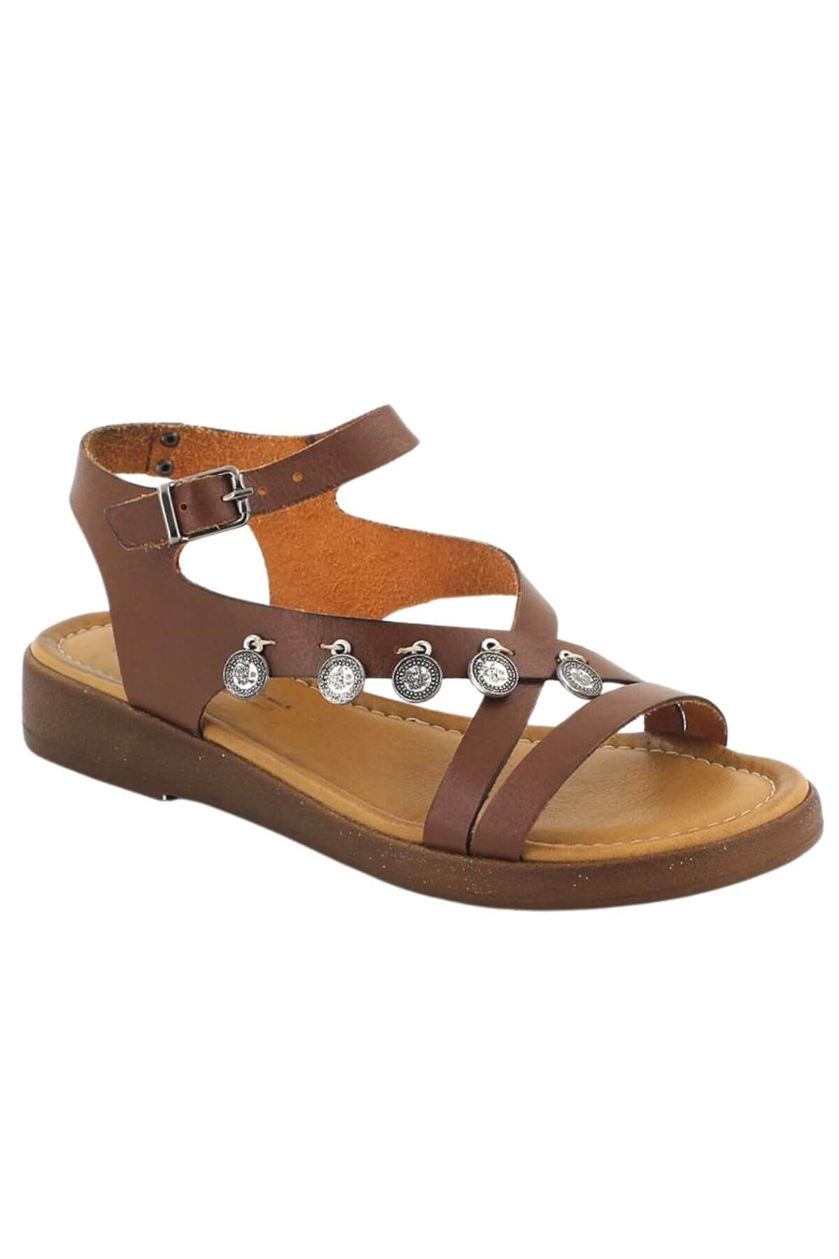 Kadın Comfort Metal Aksesuarlı Deri Sandalet Taba- 21983303Y - Thumbnail