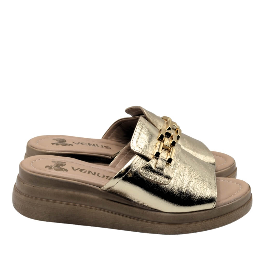  Venüs Deri Kadın Gold Detaylı Terlik Altın 2409915Y