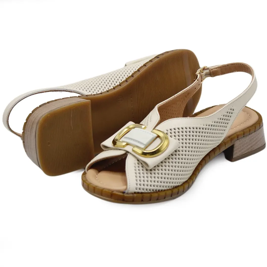 Venüs Deri Kadın Gold Detaylı Topuklu Sandalet Bej 2512003Y - Thumbnail