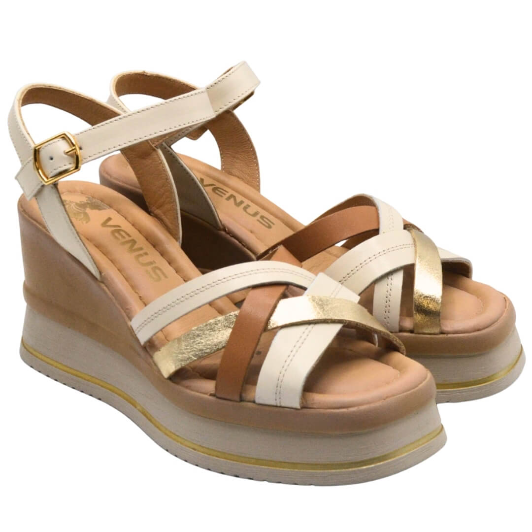 Venüs - Venüs Deri Kadın Dolgu Topuklu Sandalet Bej-Altın 2510902Y