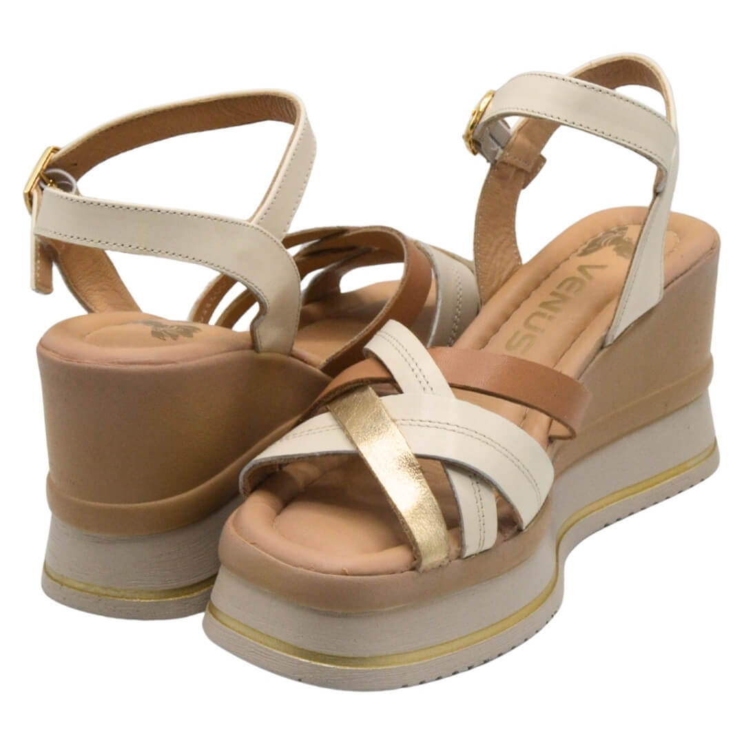 Venüs Deri Kadın Dolgu Topuklu Sandalet Bej-Altın 2510902Y