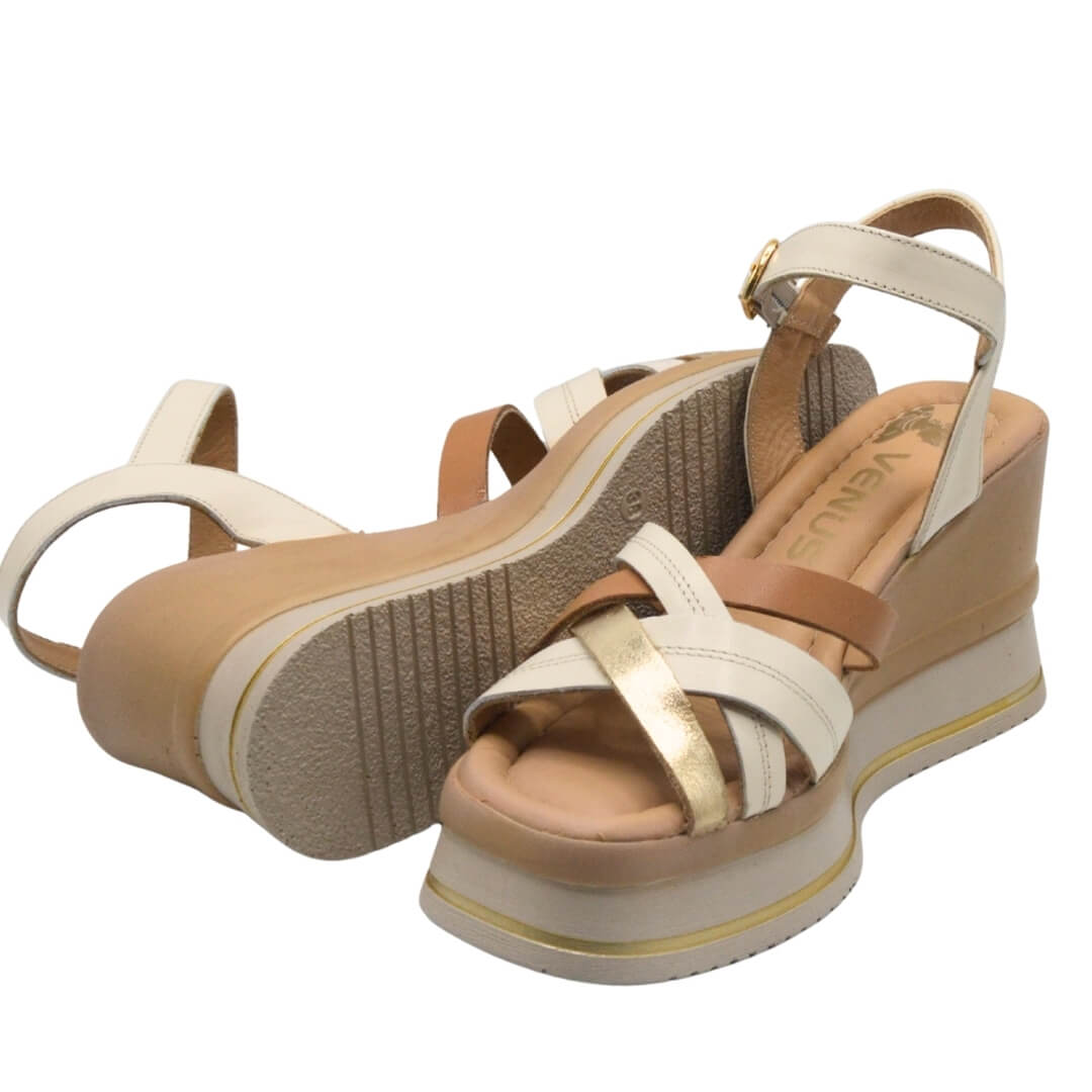 Venüs Deri Kadın Dolgu Topuklu Sandalet Bej-Altın 2510902Y - Thumbnail