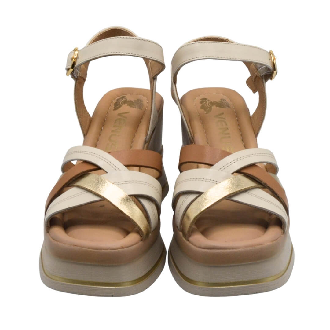 Venüs Deri Kadın Dolgu Topuklu Sandalet Bej-Altın 2510902Y