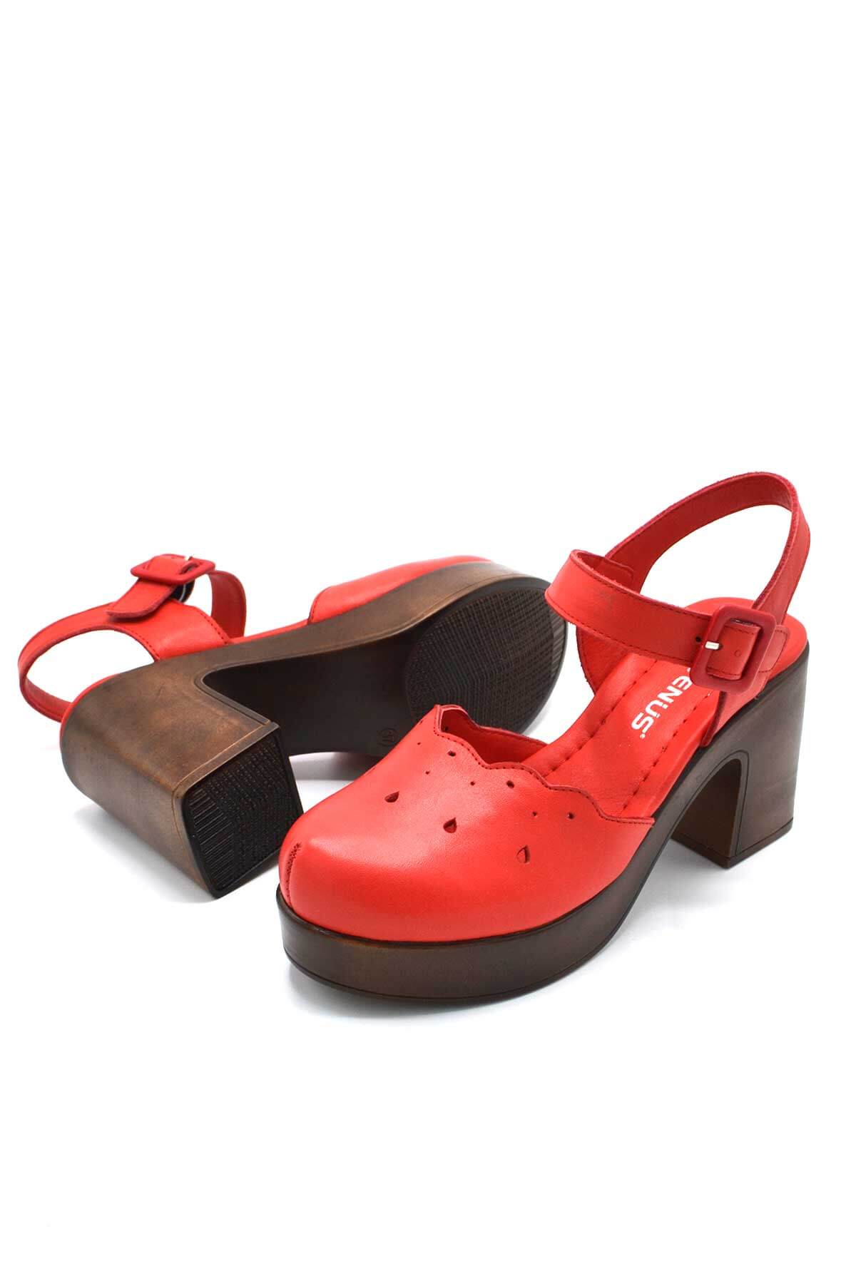 Kadın Apartman Topuk Deri Sandalet Kırmızı 2217001Y - Thumbnail