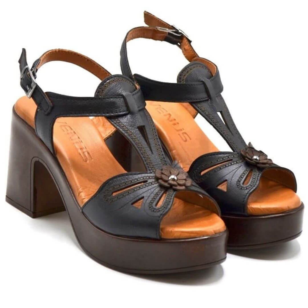 Venüs Deri Kadın Topuklu Sandalet Siyah-Kahve 2217006Y
