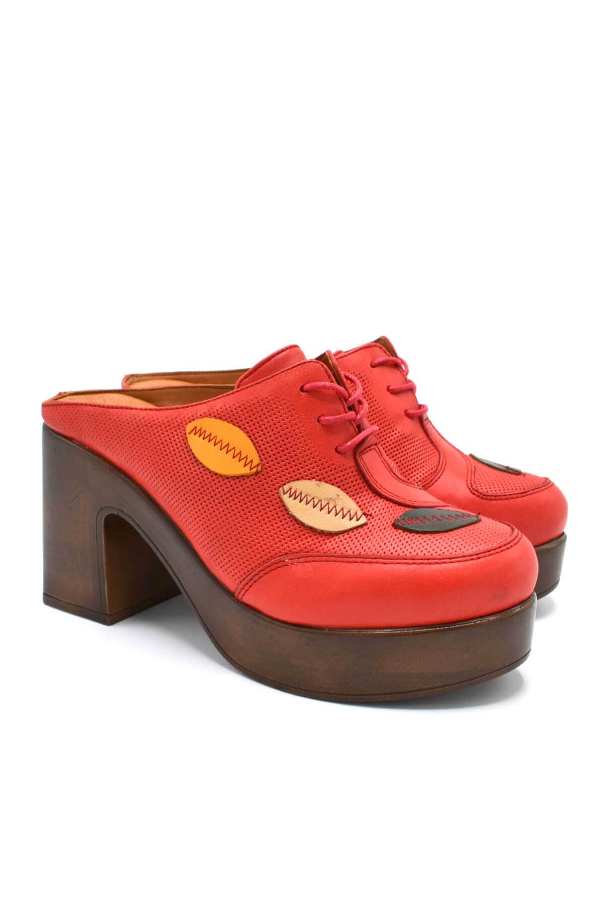 Venüs Deri Kadın Topuklu Terlik Kırmızı-Oranj 2217003Y