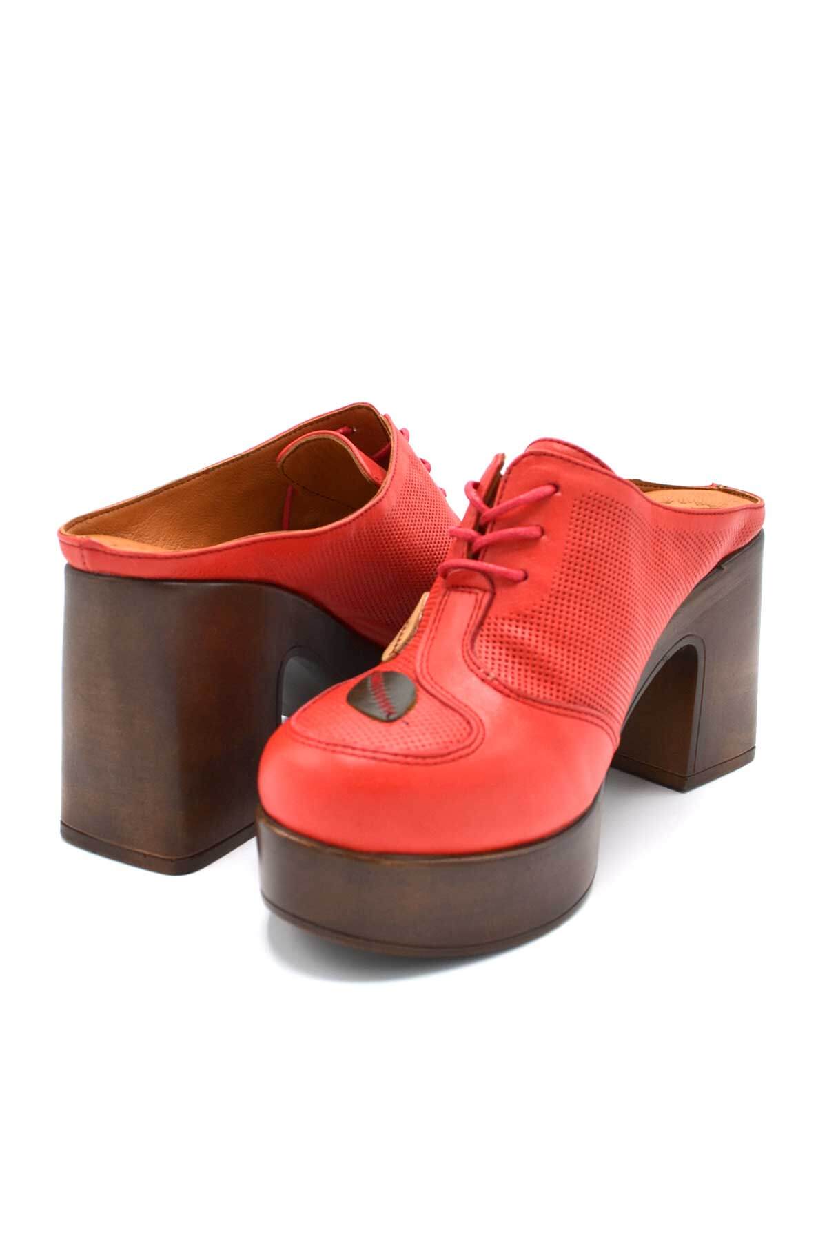 Venüs Deri Kadın Topuklu Terlik Kırmızı-Oranj 2217003Y