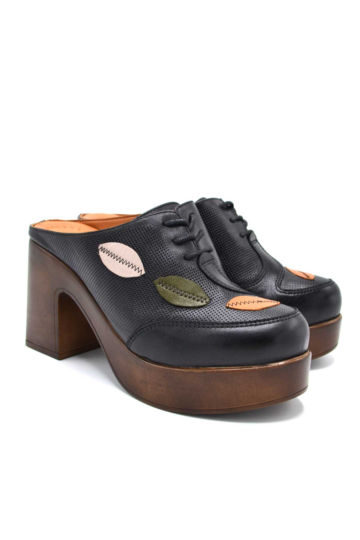 Venüs - Venüs Deri Kadın Topuklu Terlik Siyah-Vizon 2217003Y