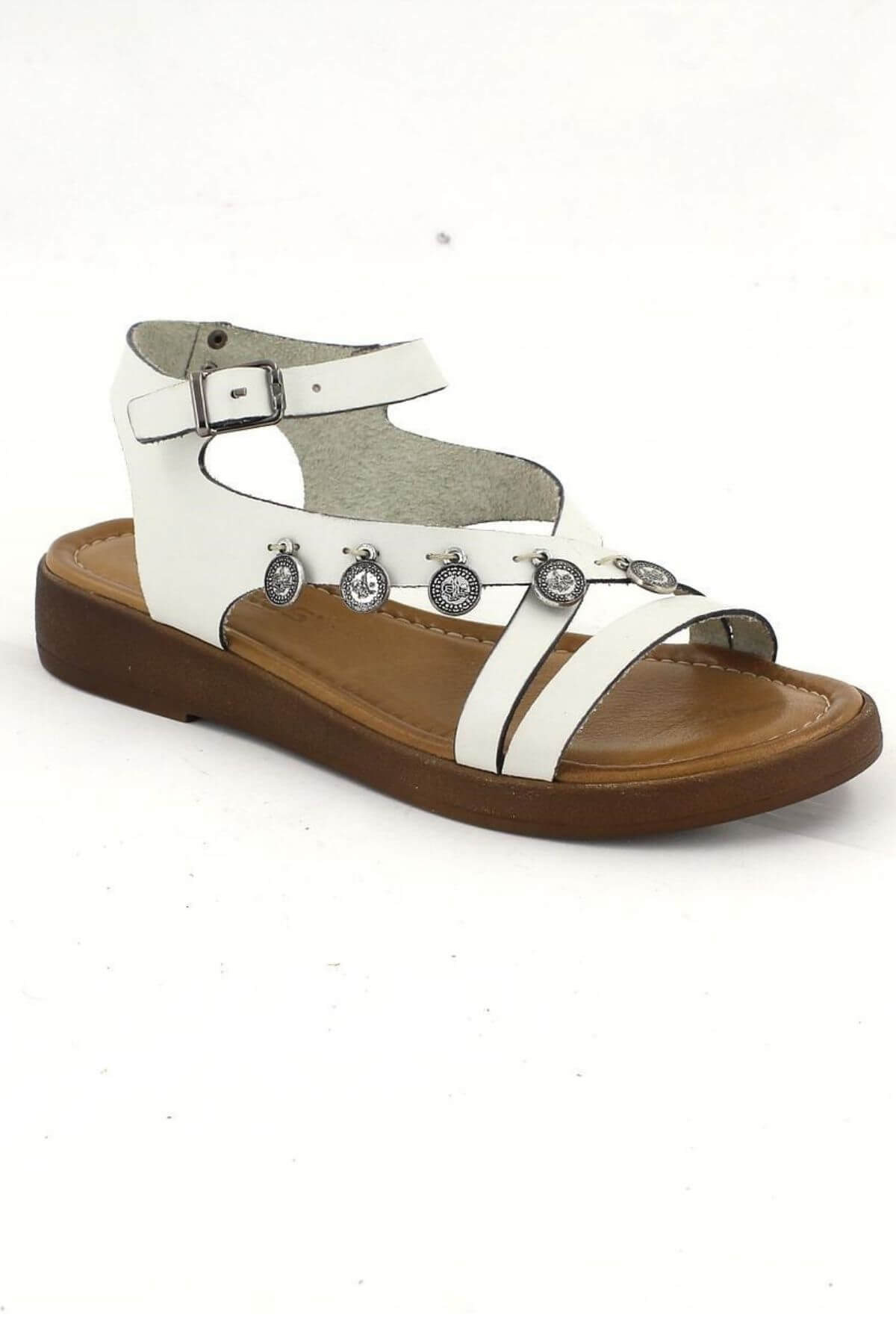 Kadın Comfort Metal Aksesuarlı Deri Sandalet Beyaz 21983303Y - Thumbnail