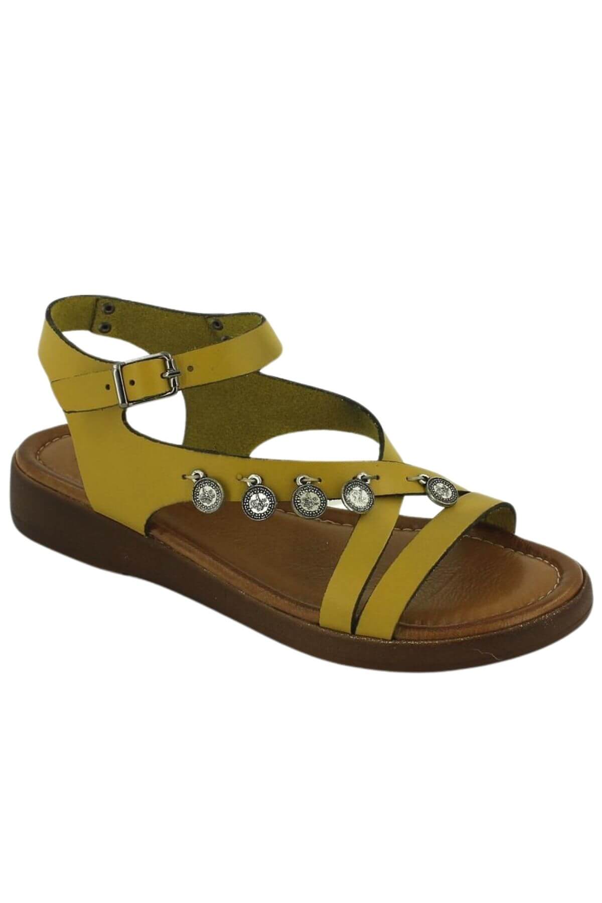 Kadın Comfort Metal Aksesuarlı Deri Sandalet Sarı 21983303Y