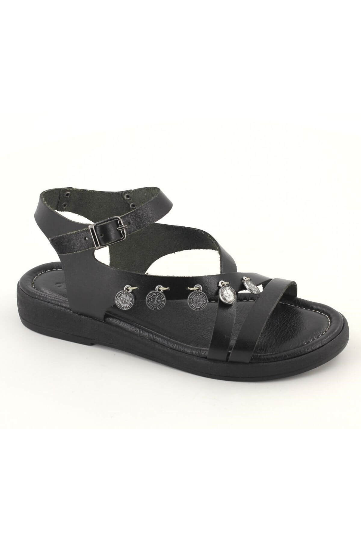 Kadın Comfort Metal Aksesuarlı Deri Sandalet Siyah 21983303Y - Thumbnail