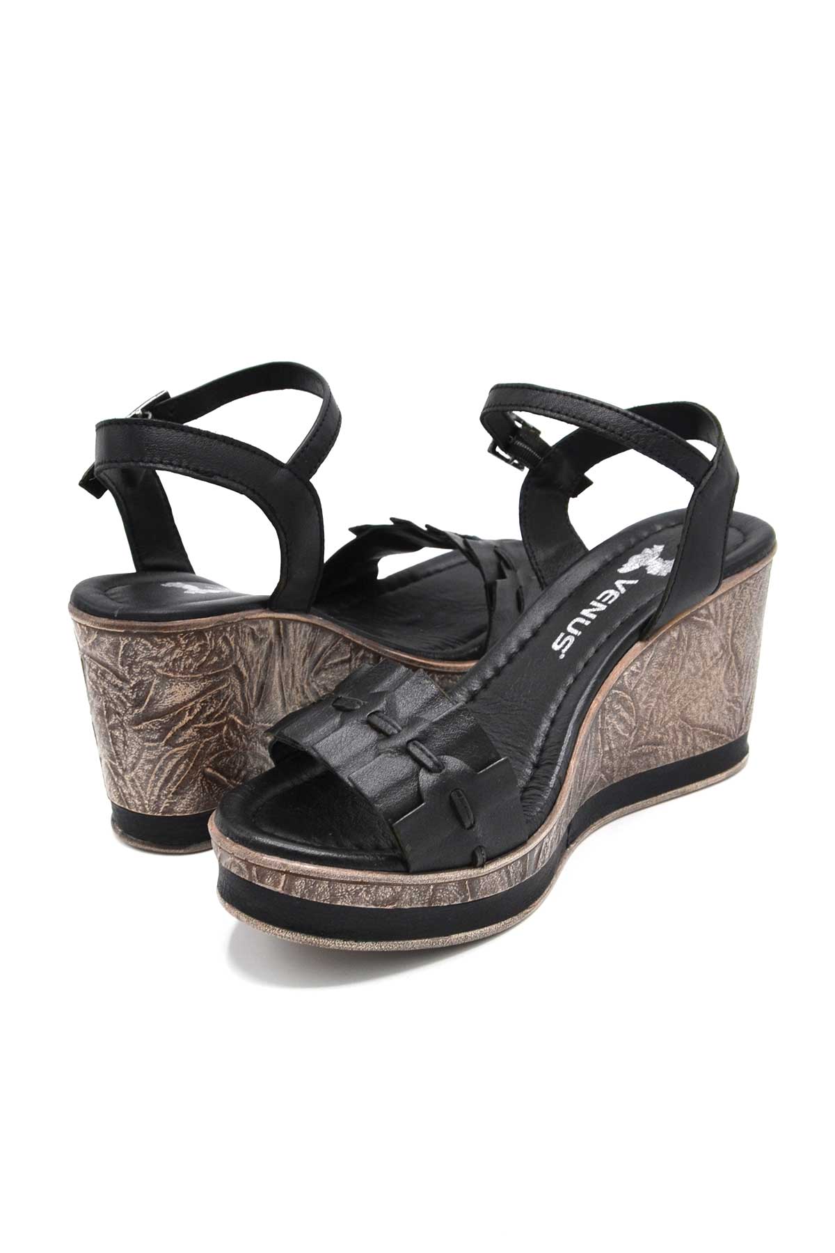 Kadın Dolgu Topuk Deri Sandalet Siyah 2015715Y - Thumbnail