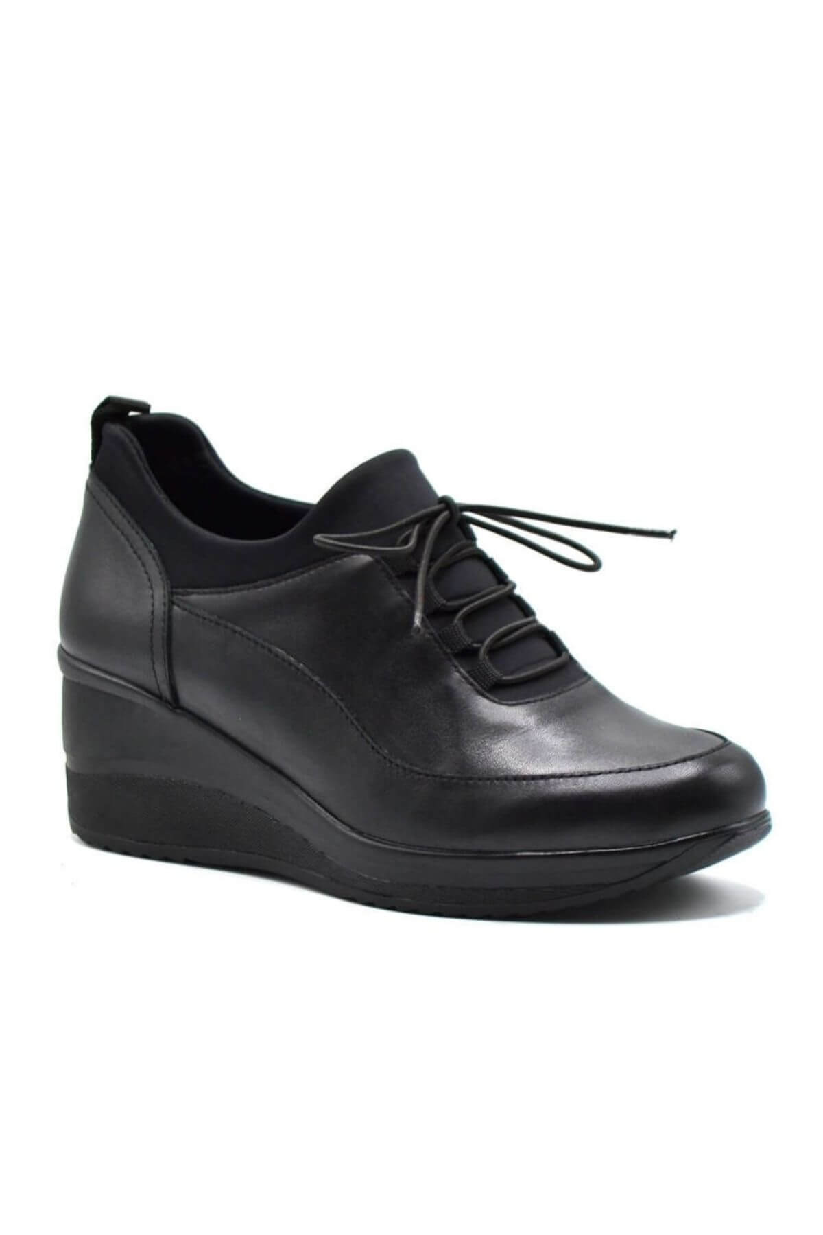 Kadın Dolgu Topuk Düz Deri Ayakkabı Siyah 2111510K - Thumbnail