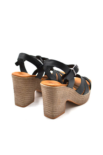 Kadın Hasırlı Apartman Topuk Deri Sandalet Siyah 23027603Y - Thumbnail