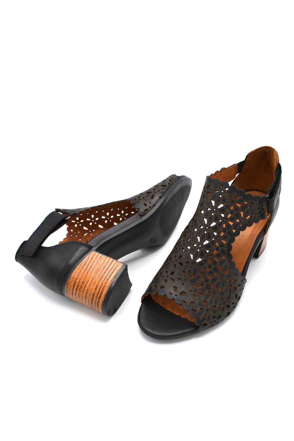 Kadın Topuklu Deri Sandalet Siyah 1857215Y