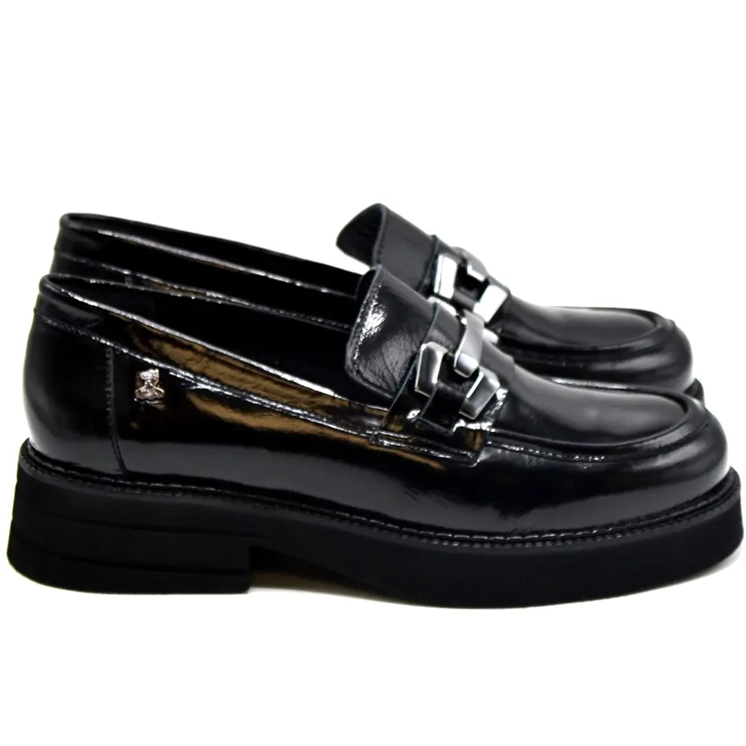Kadın Loafer Deri Tokalı Ayakkabı Siyah Rugan 2451352K