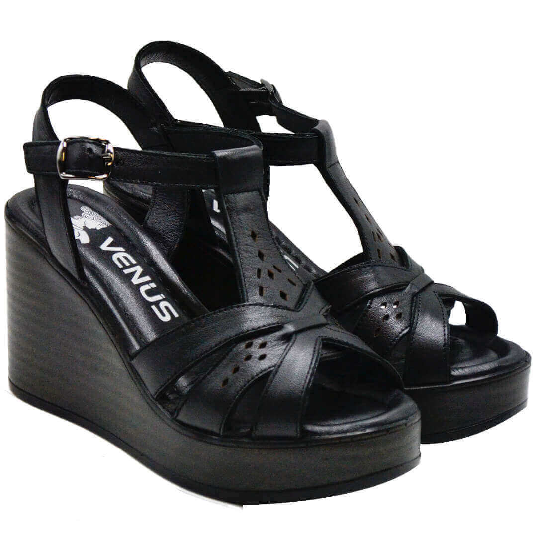 Venüs - Venüs Deri Kadın Dolgu Topuklu Sandalet Siyah 2310814Y