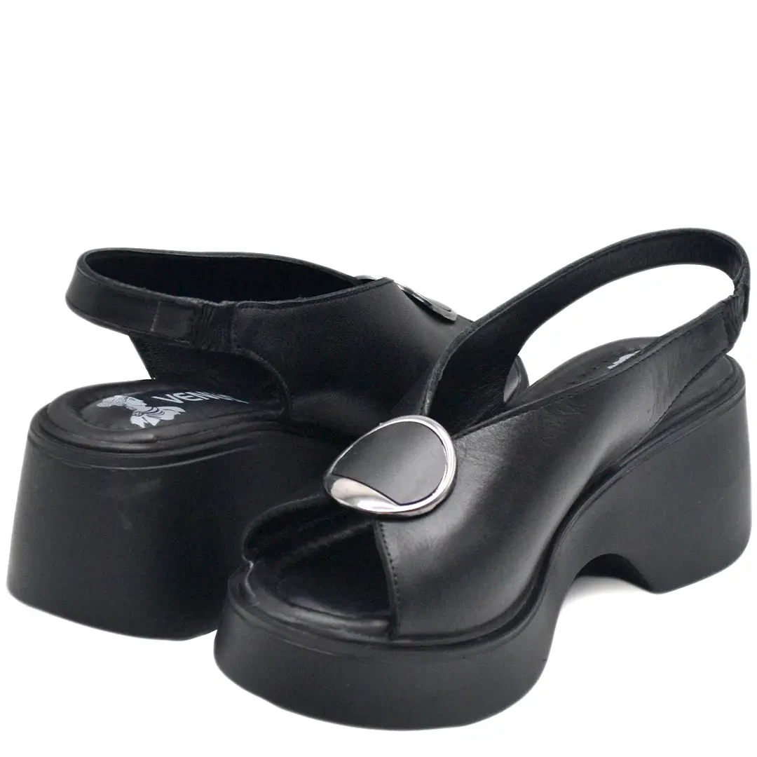 Venüs Deri Kadın Dolgu Topuklu Sandalet Siyah 2313114Y 