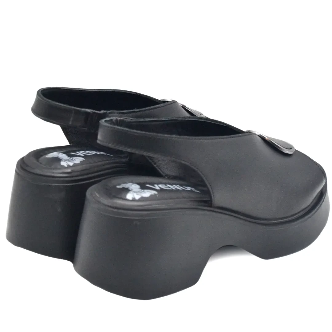 Venüs Deri Kadın Dolgu Topuklu Sandalet Siyah 2313114Y - Thumbnail