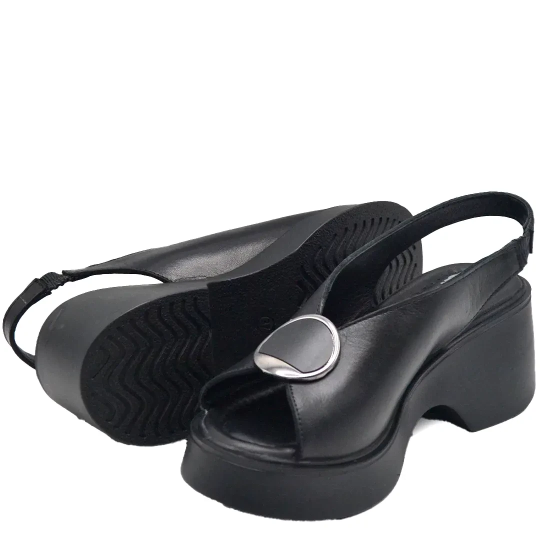 Venüs Deri Kadın Dolgu Topuklu Sandalet Siyah 2313114Y - Thumbnail