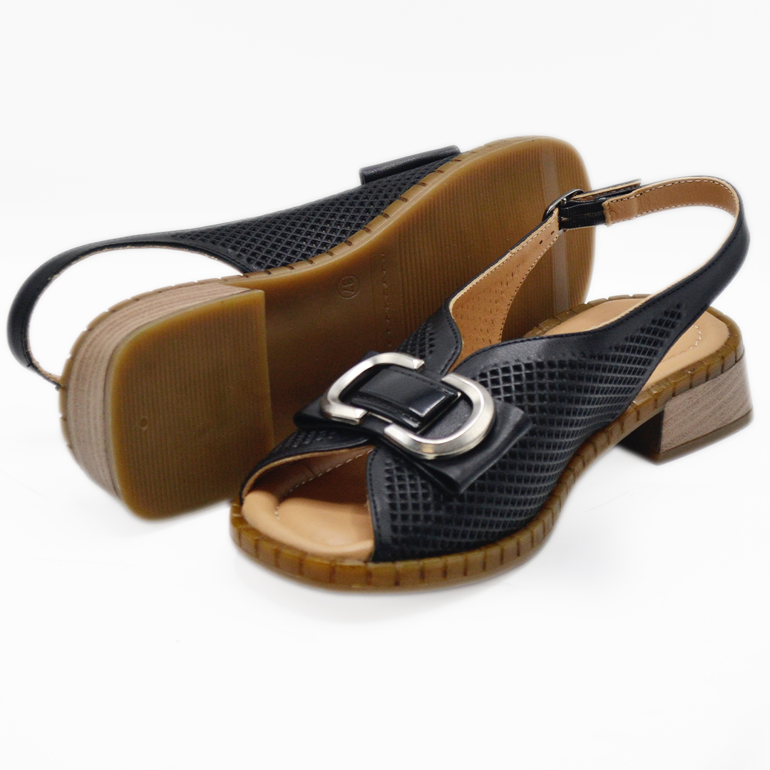  Venüs Deri Kadın Gold Detaylı Topuklu Sandalet Siyah 2512003Y - Thumbnail