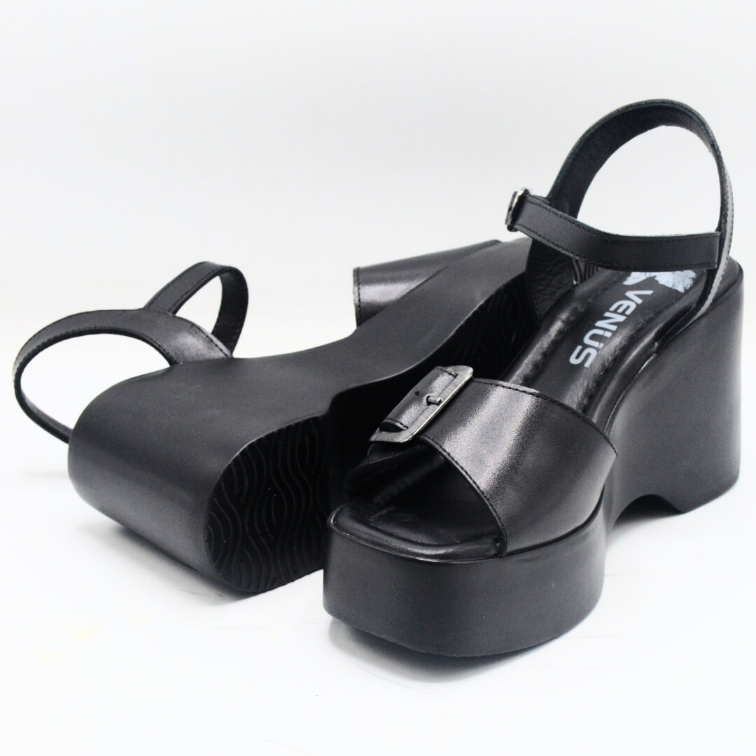 Venüs Deri Kadın Dolgu Topuklu Sandalet Siyah 2311532Y - Thumbnail