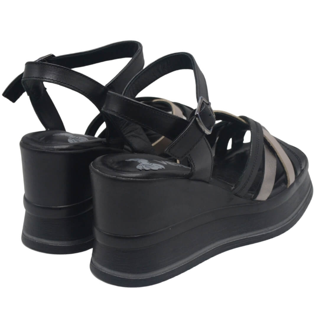  Venüs Deri Kadın Dolgu Topuklu Sandalet Siyah-Platin 2510902Y - Thumbnail