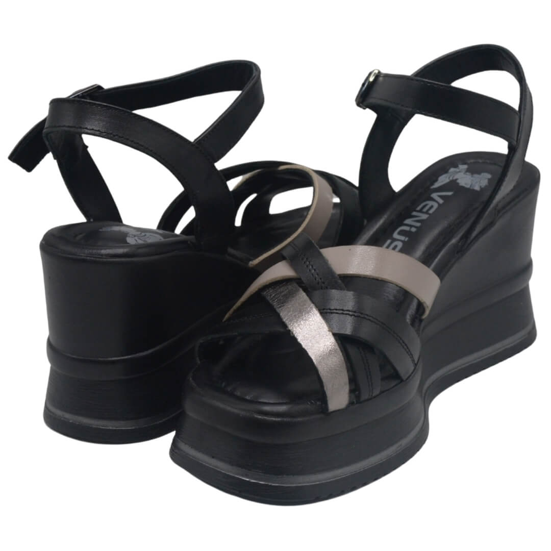  Venüs Deri Kadın Dolgu Topuklu Sandalet Siyah-Platin 2510902Y - Thumbnail