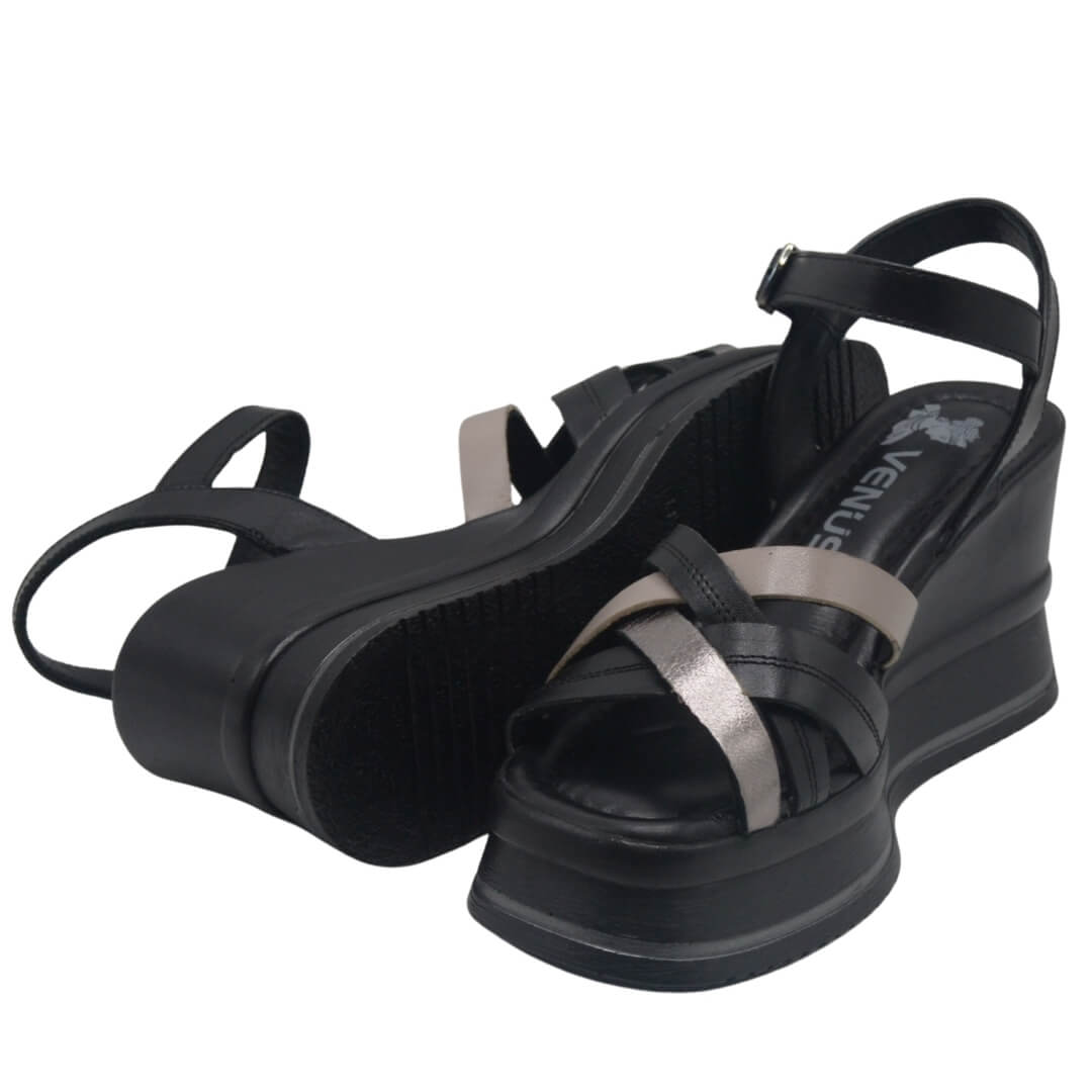  Venüs Deri Kadın Dolgu Topuklu Sandalet Siyah-Platin 2510902Y