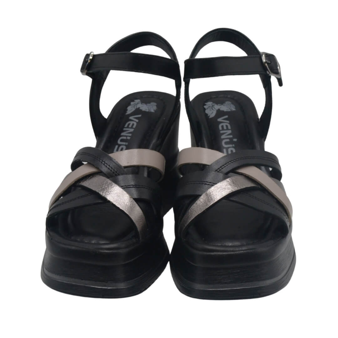  Venüs Deri Kadın Dolgu Topuklu Sandalet Siyah-Platin 2510902Y