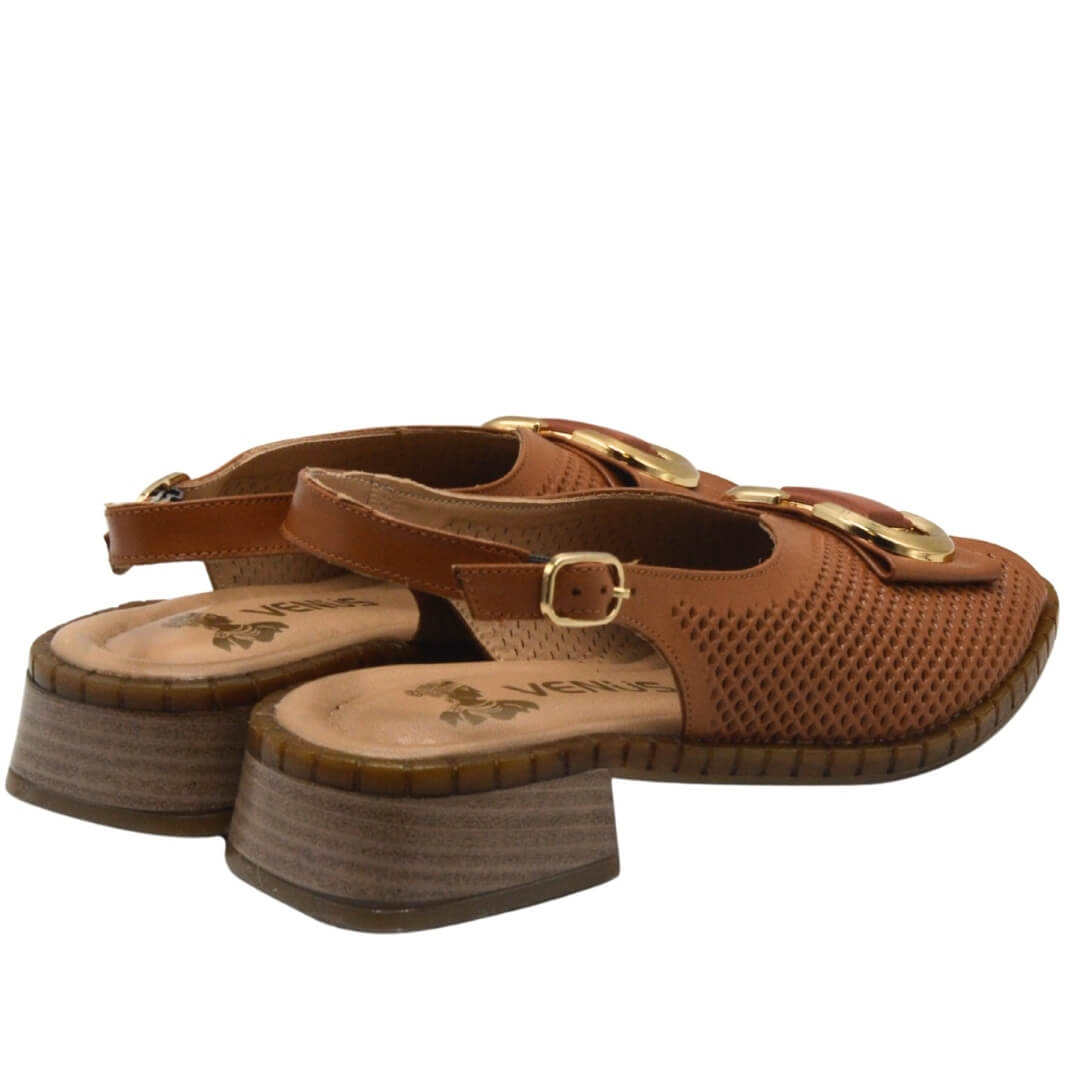 Venüs Deri Kadın Gold Detaylı Topuklu Sandalet Taba 2512003Y  Venüs Deri Kadın Gold Detaylı Topuklu Sandalet Taba 2512003Y