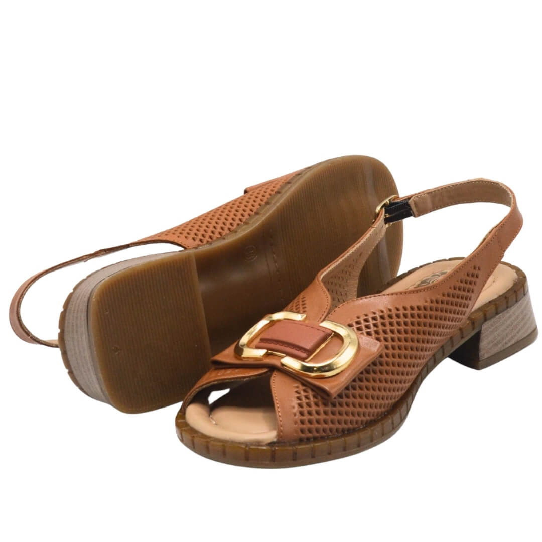 Venüs Deri Kadın Gold Detaylı Topuklu Sandalet Taba 2512003Y - Thumbnail