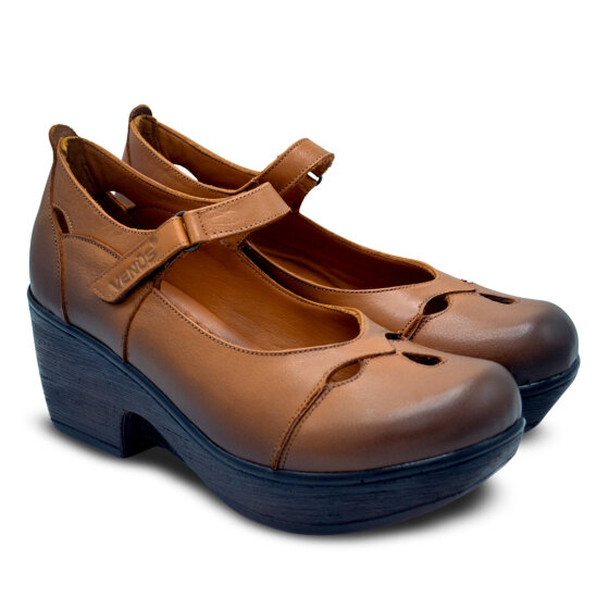 Venus Women's Leather Block Heel Shoes - Tan 1912501Y
