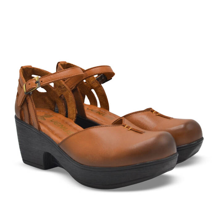 Venus Women's Leather Block Heel Shoes - Tan 1912502Y - 1